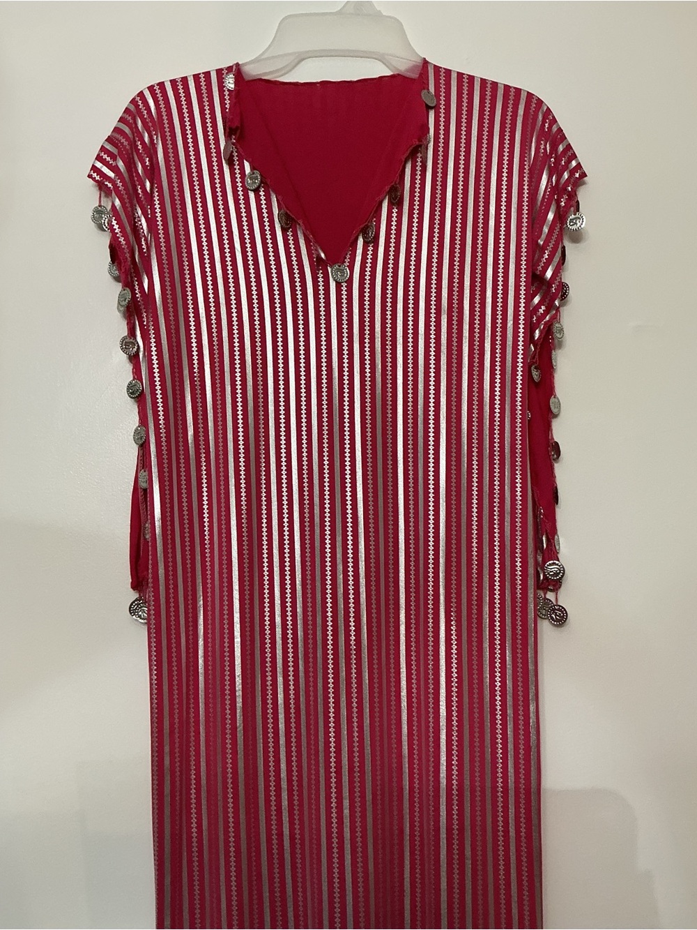 Pink Striped Maxi Dress with Decorative Coin Trim Egyptian Belly Dancing Costume